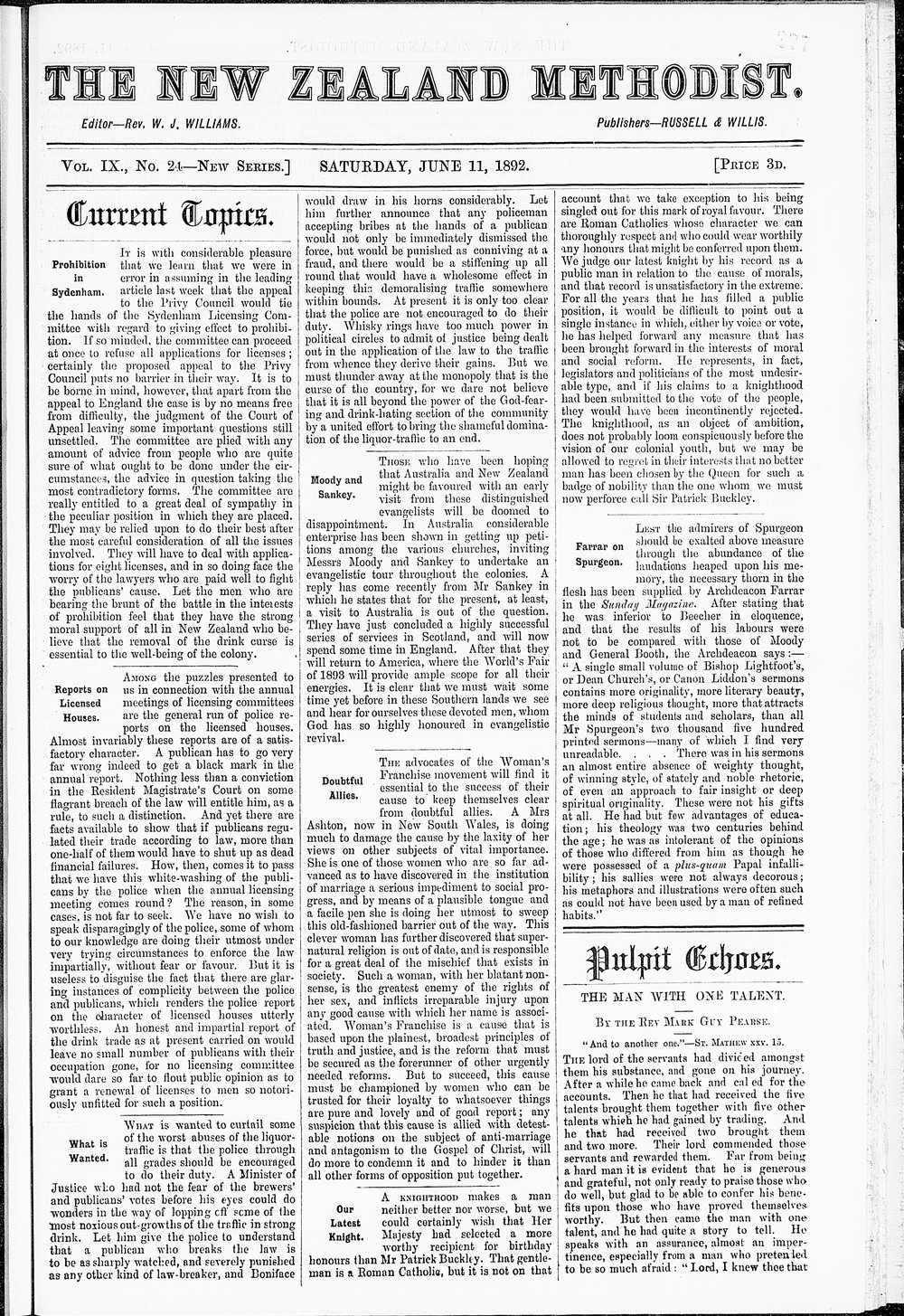 The New Zealand Methodist Times: 11th June 1892