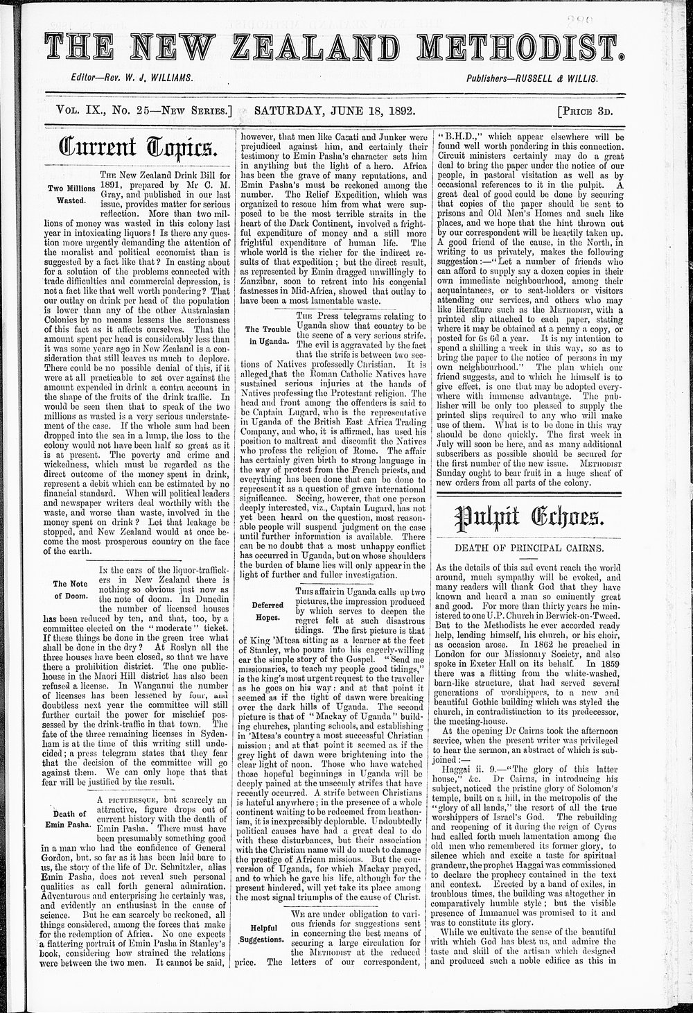 The New Zealand Methodist Times: 18th June 1892