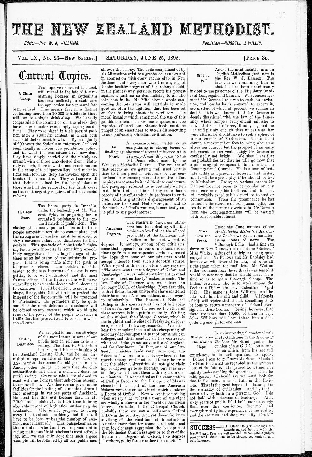 The New Zealand Methodist Times: 25th June 1892