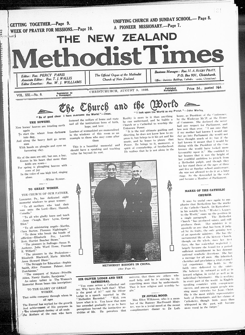 The New Zealand Methodist Times: 9th August 1930