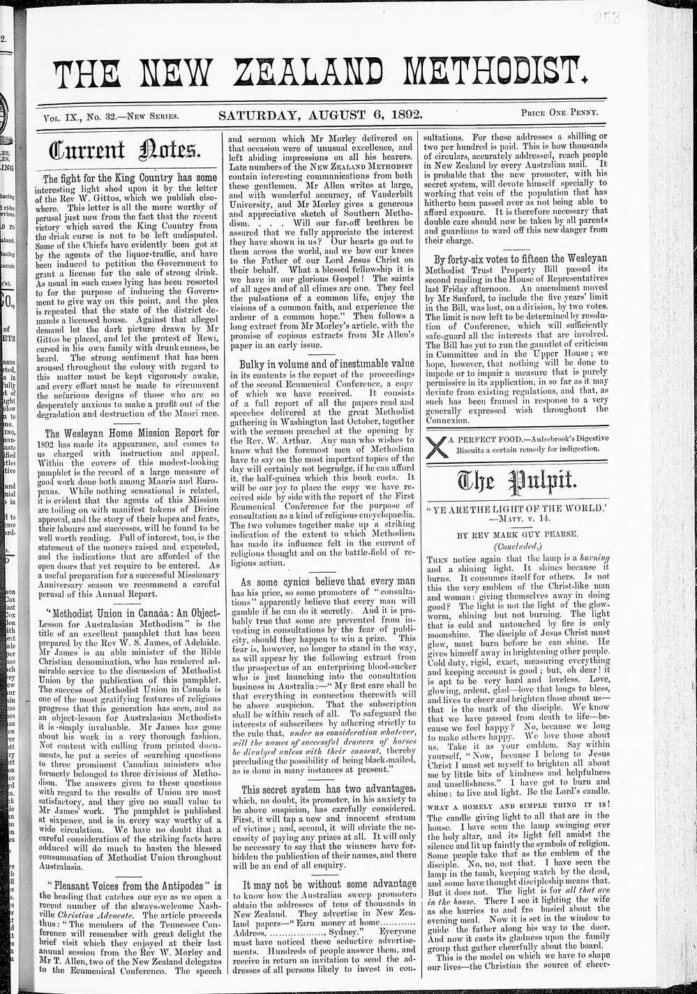 The New Zealand Methodist Times: 6th August 1892