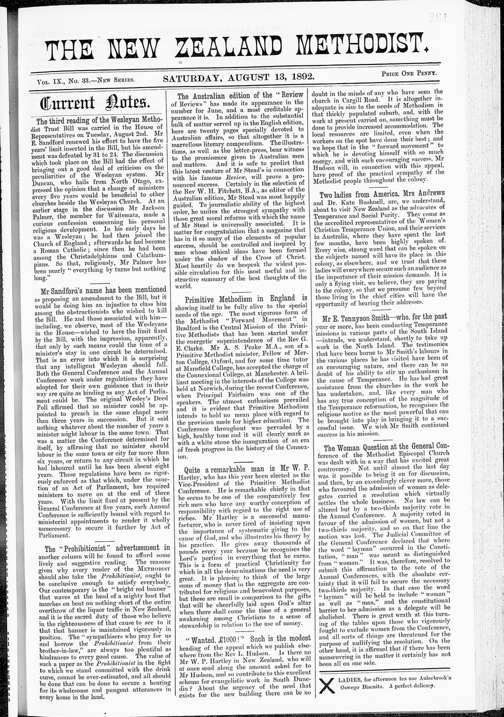 The New Zealand Methodist Times: 13th August 1892
