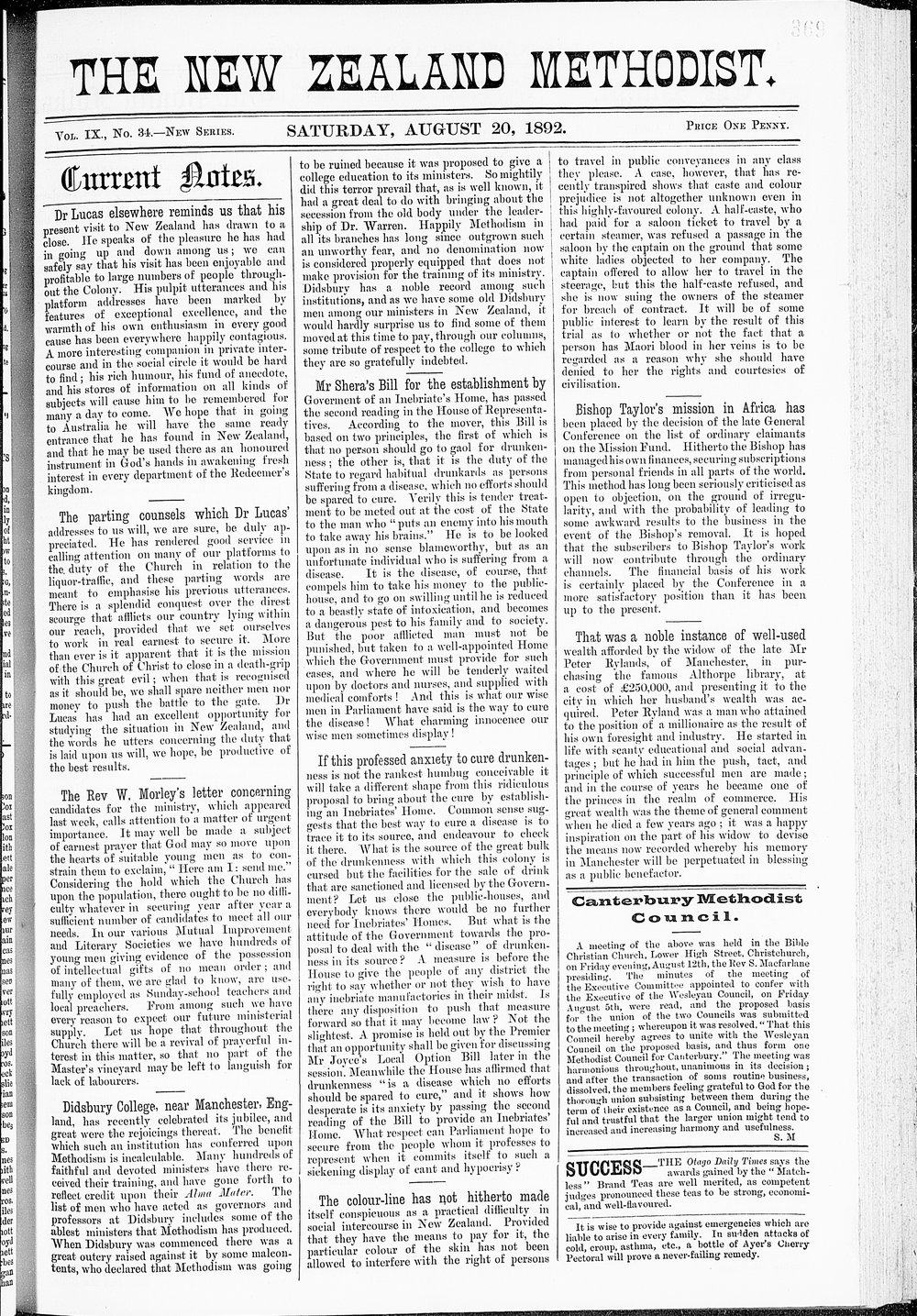 The New Zealand Methodist Times: 20th August 1892