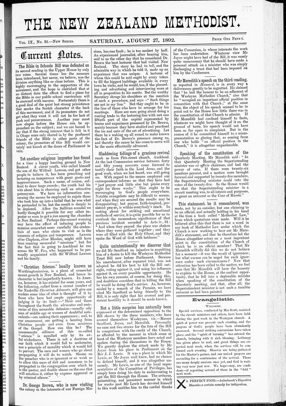 The New Zealand Methodist Times: 27th August 1892