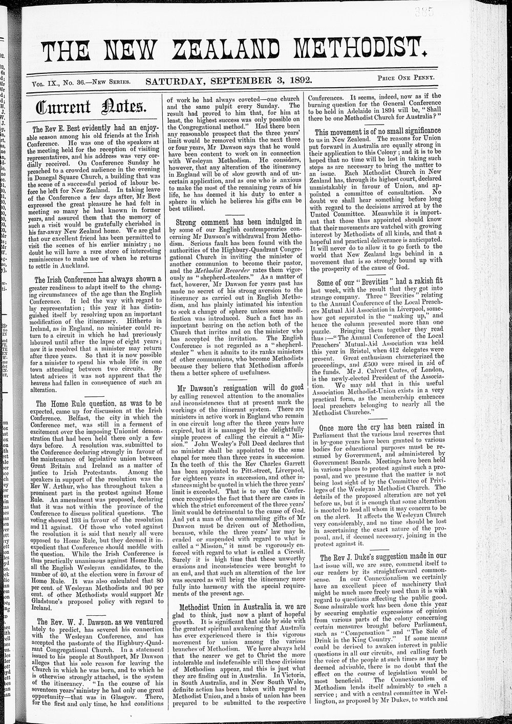 The New Zealand Methodist Times: 3rd September 1892