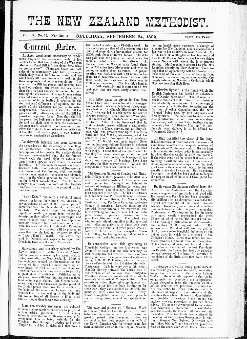 The New Zealand Methodist Times: 24th September 1892