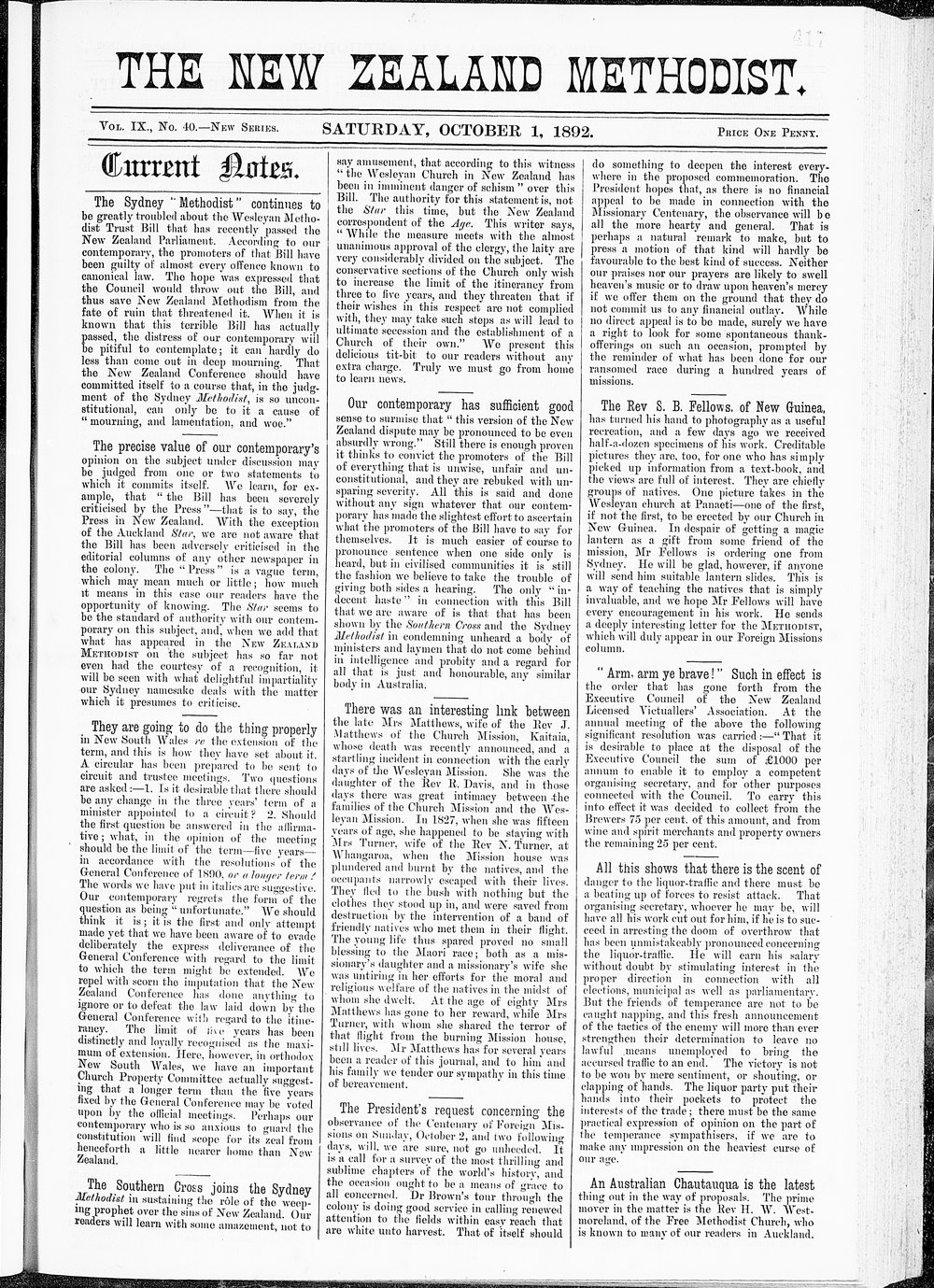 The New Zealand Methodist Times: 1st October 1892