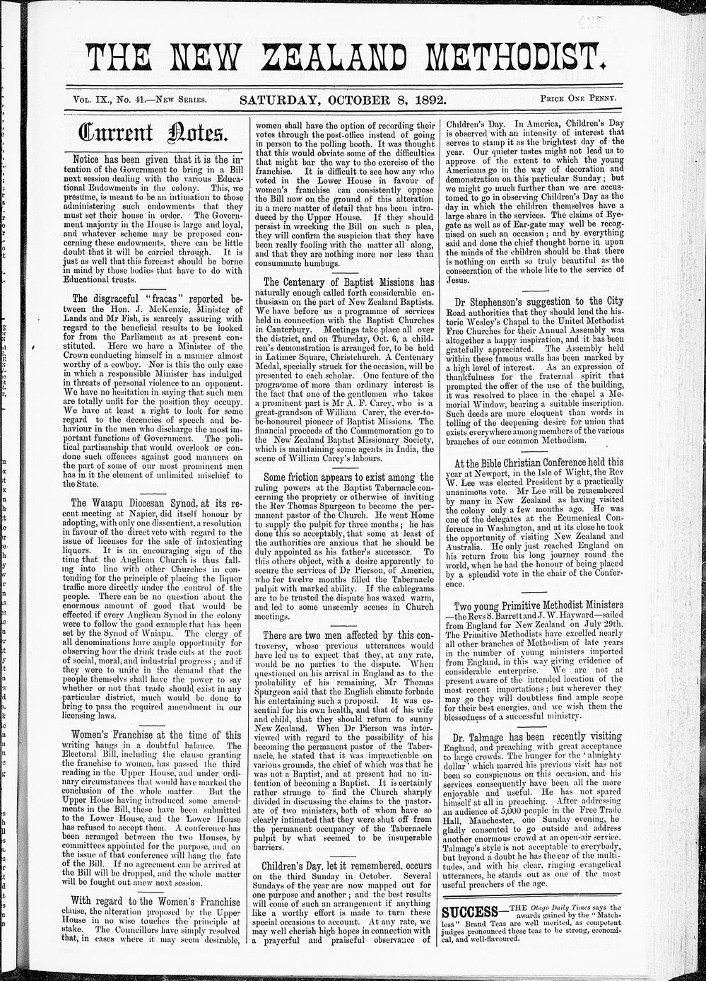 The New Zealand Methodist Times: 8th October 1892