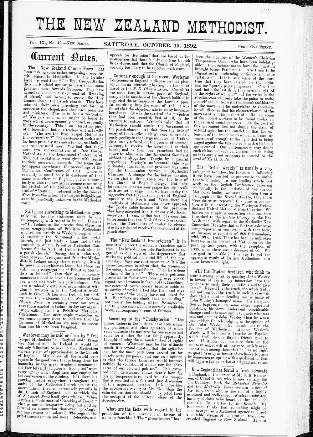 The New Zealand Methodist Times: 15th October 1892