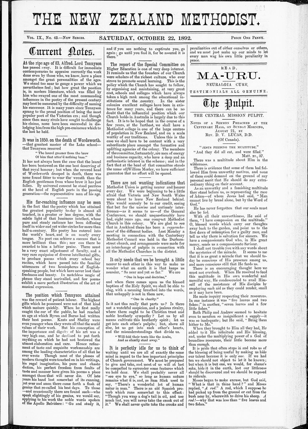The New Zealand Methodist Times: 22nd October 1892