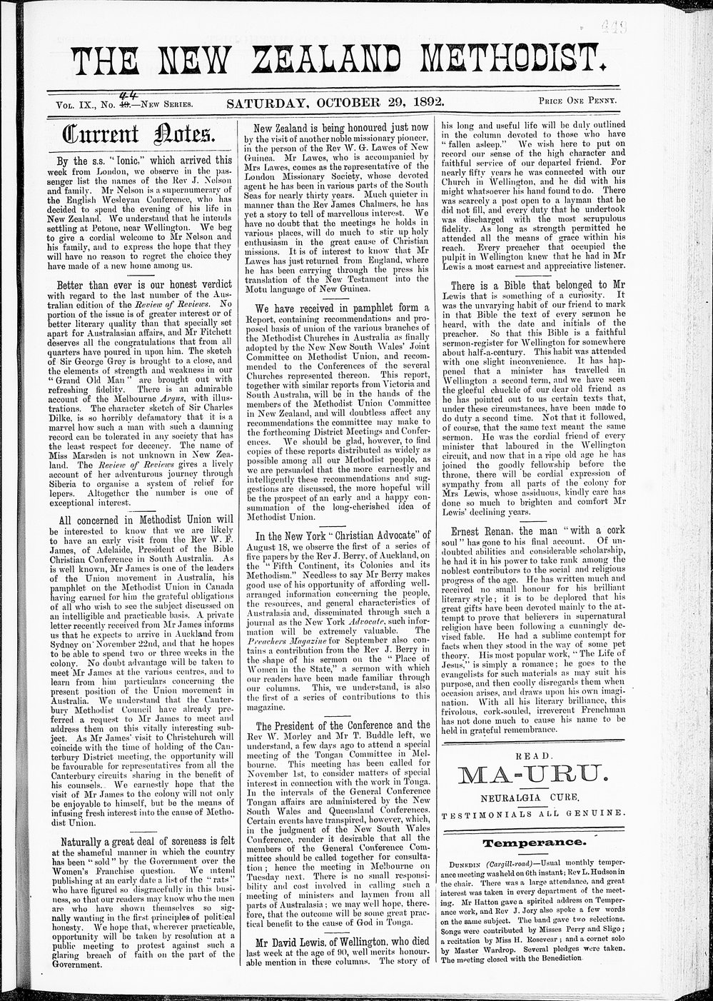The New Zealand Methodist Times: 29th October 1892