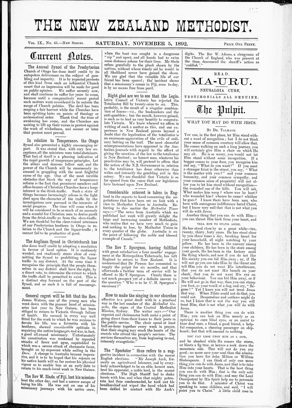 The New Zealand Methodist Times: 5th November 1892