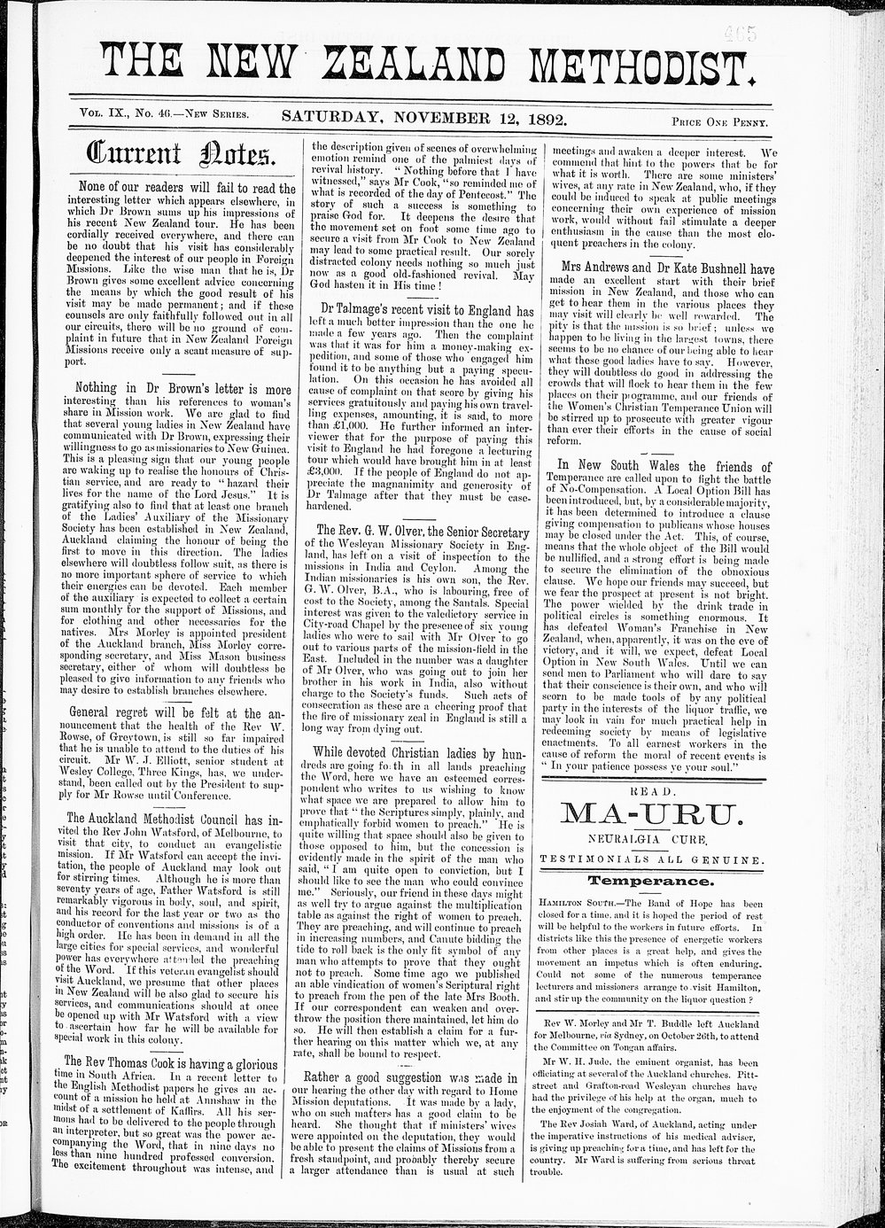 The New Zealand Methodist Times: 12th November 1892