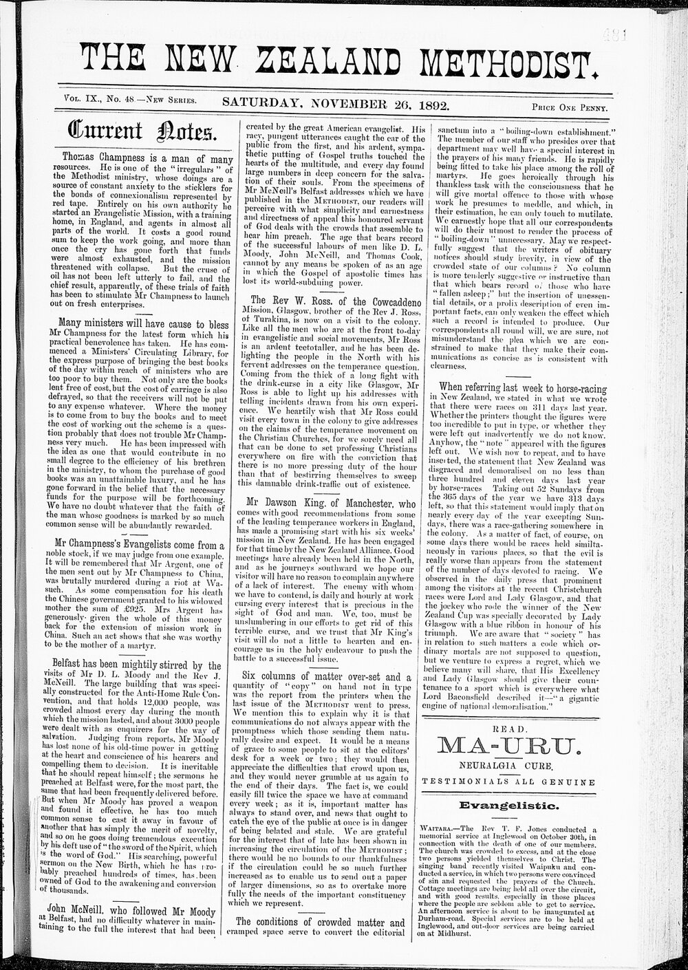 The New Zealand Methodist Times: 26th November 1892