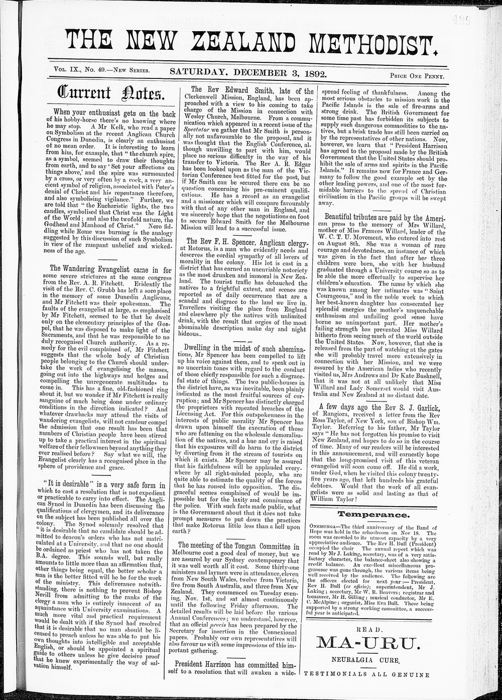 The New Zealand Methodist Times: 3rd December 1892
