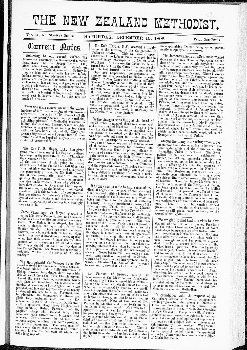 The New Zealand Methodist Times: 10th December 1892