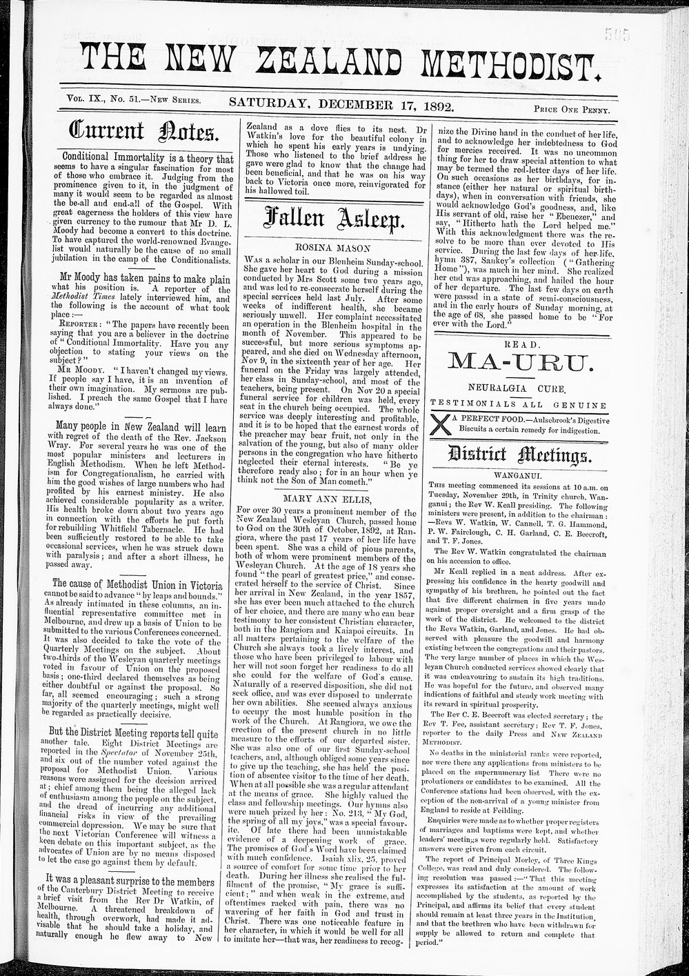 The New Zealand Methodist Times: 17th December 1892