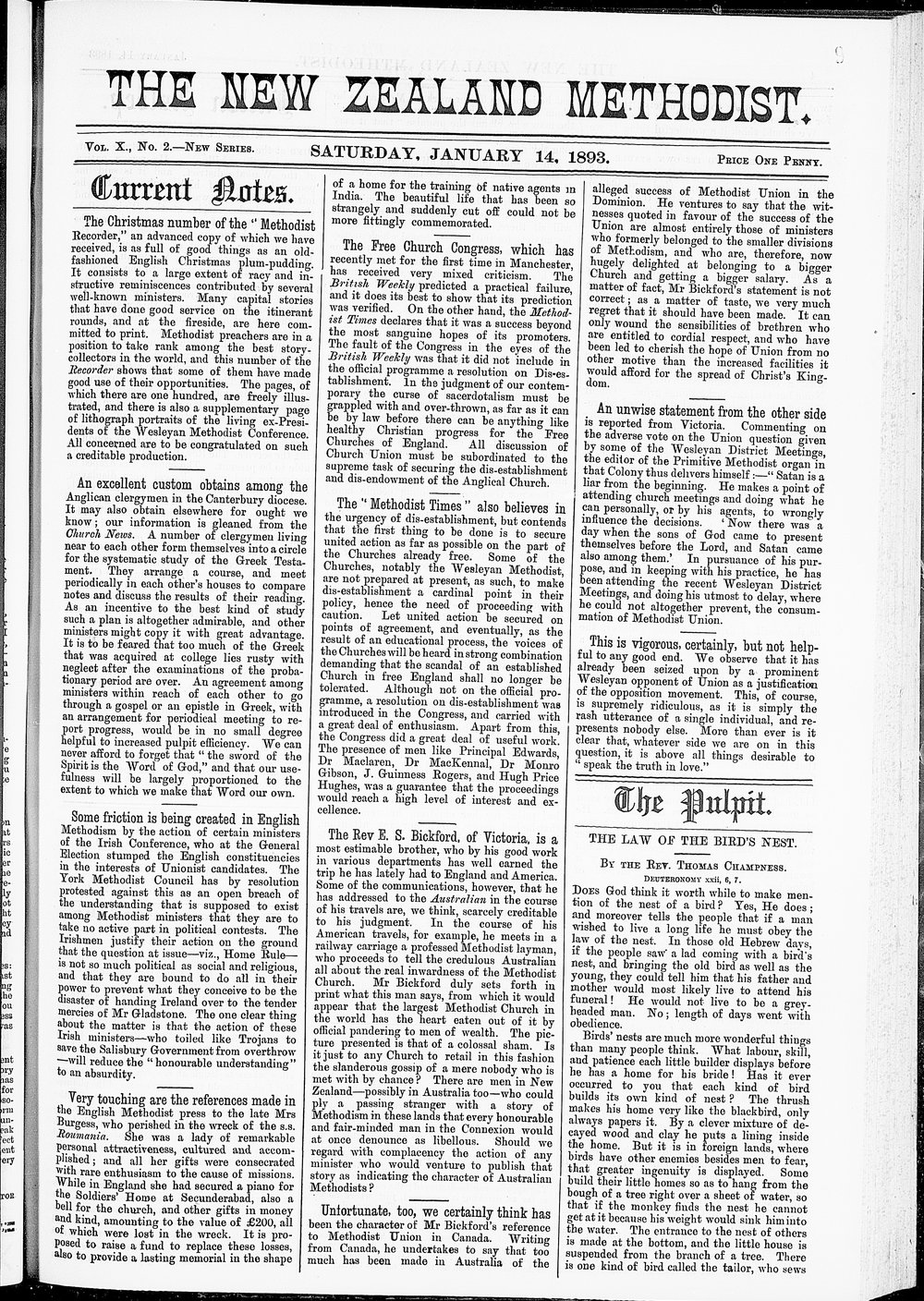 The New Zealand Methodist Times: 14th January 1893
