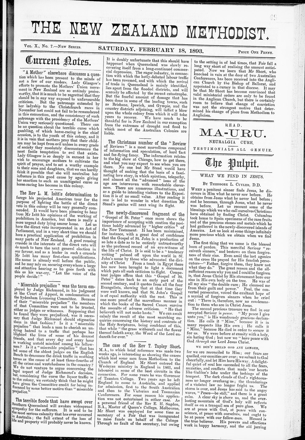 The New Zealand Methodist Times: 18th February 1893