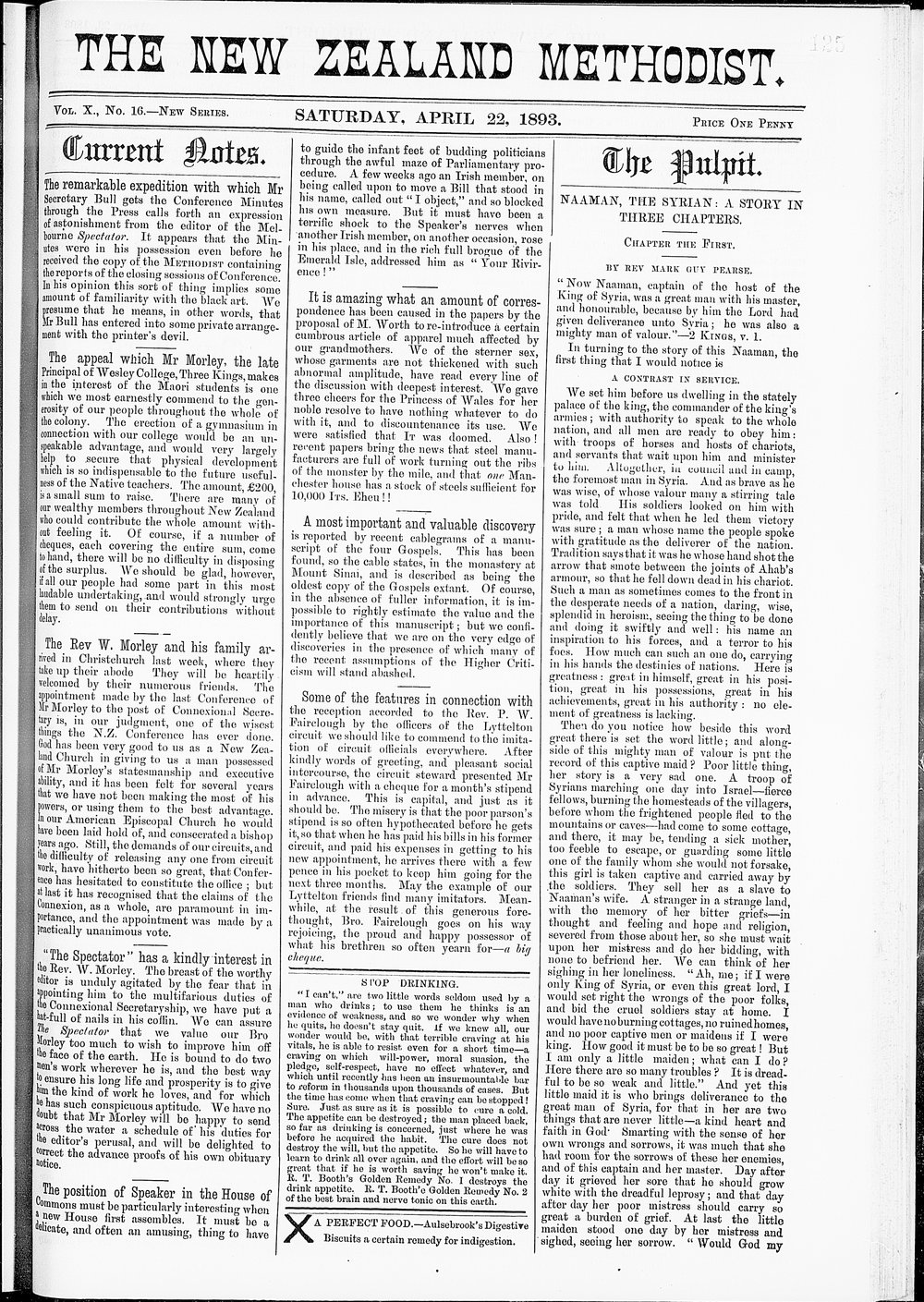 The New Zealand Methodist Times: 22nd April 1893