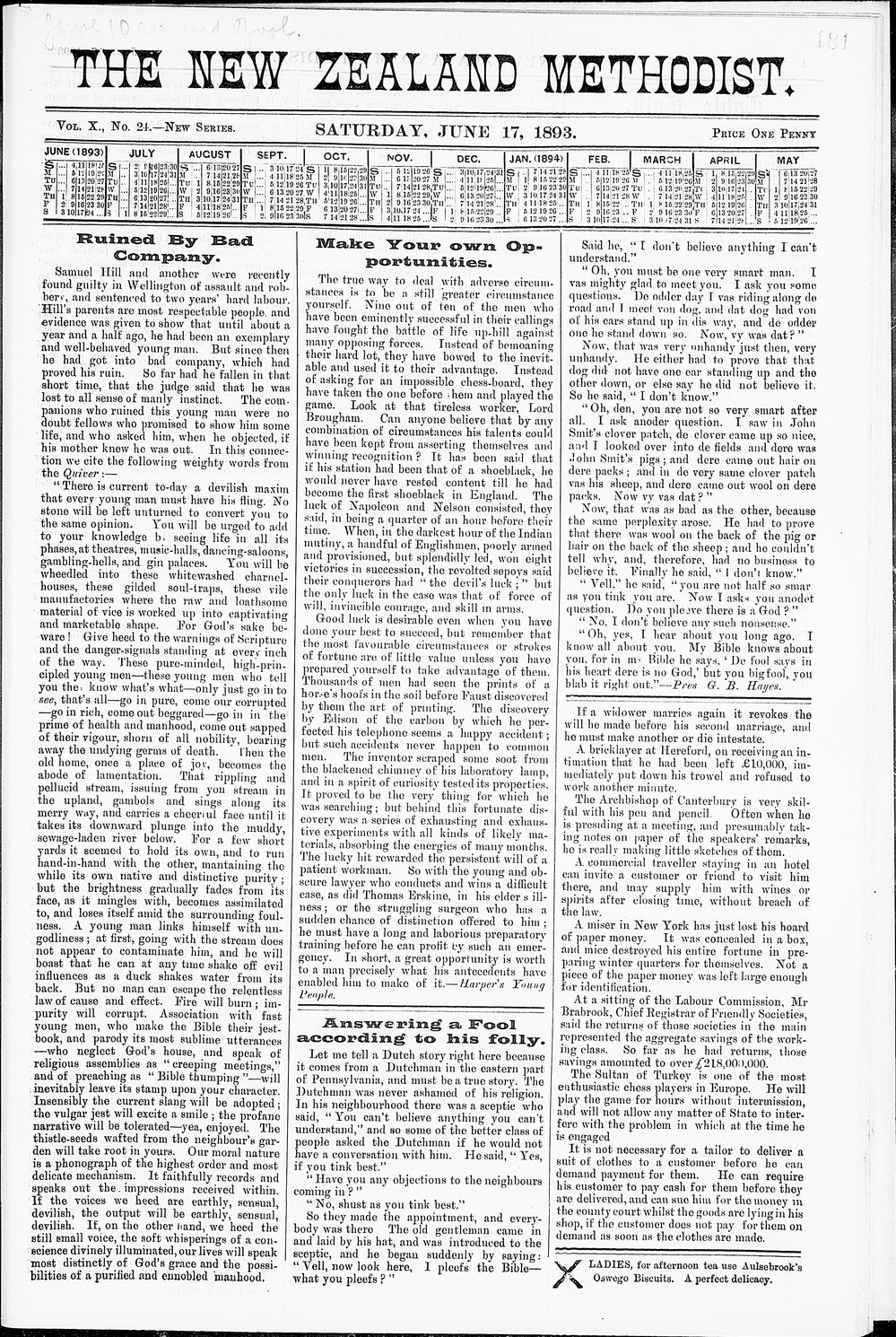 The New Zealand Methodist Times: 17th June 1893