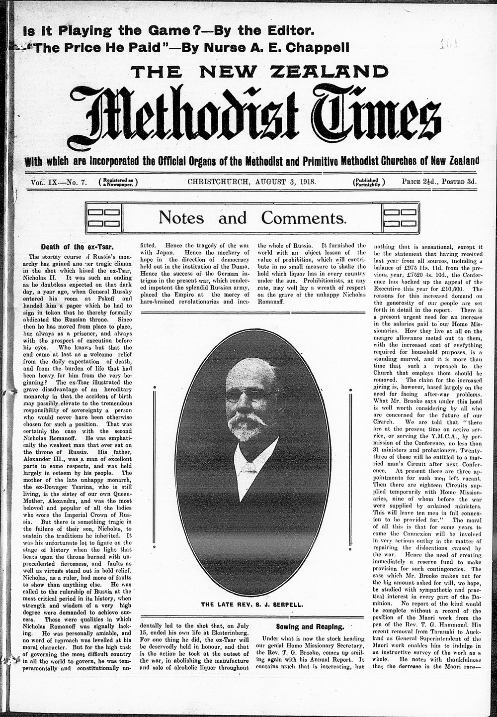 The New Zealand Methodist Times: 3rd August 1918