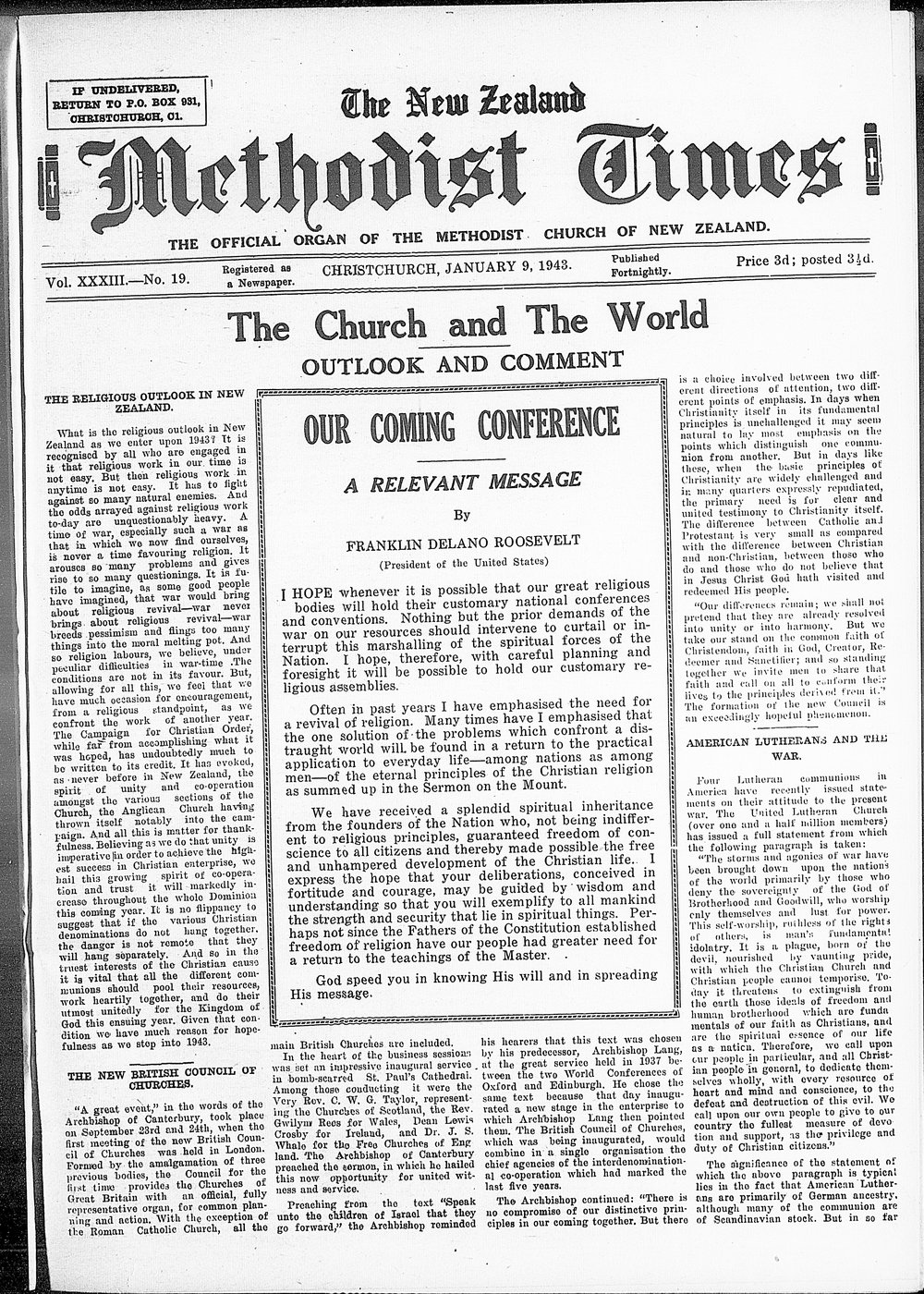 The New Zealand Methodist Times: 9th January 1943