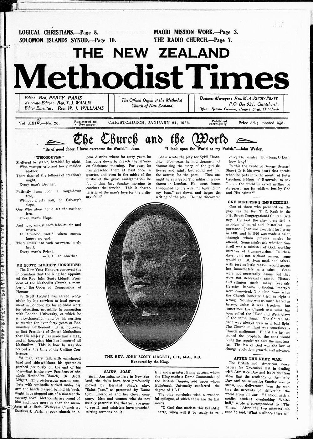 The New Zealand Methodist Times: 21st January 1933