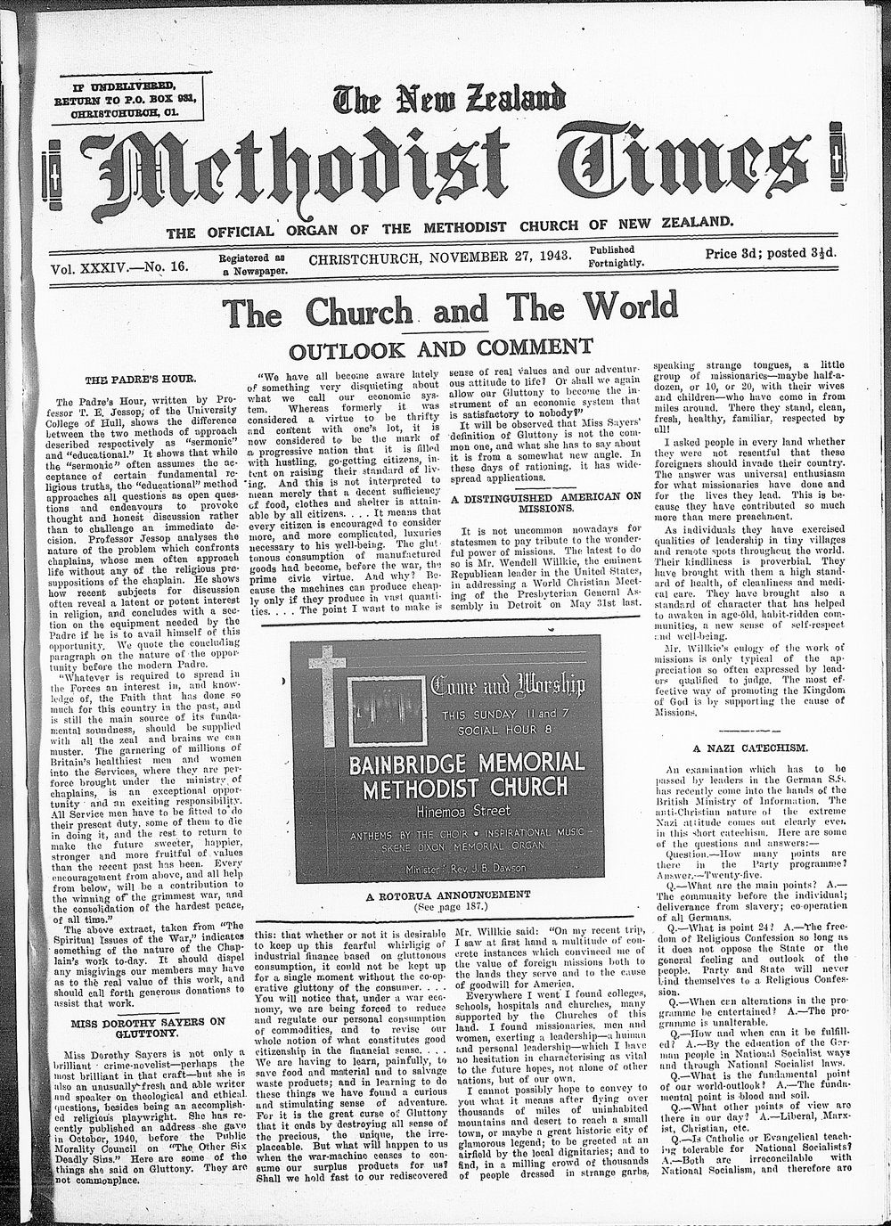 The New Zealand Methodist Times: 27th November 1943