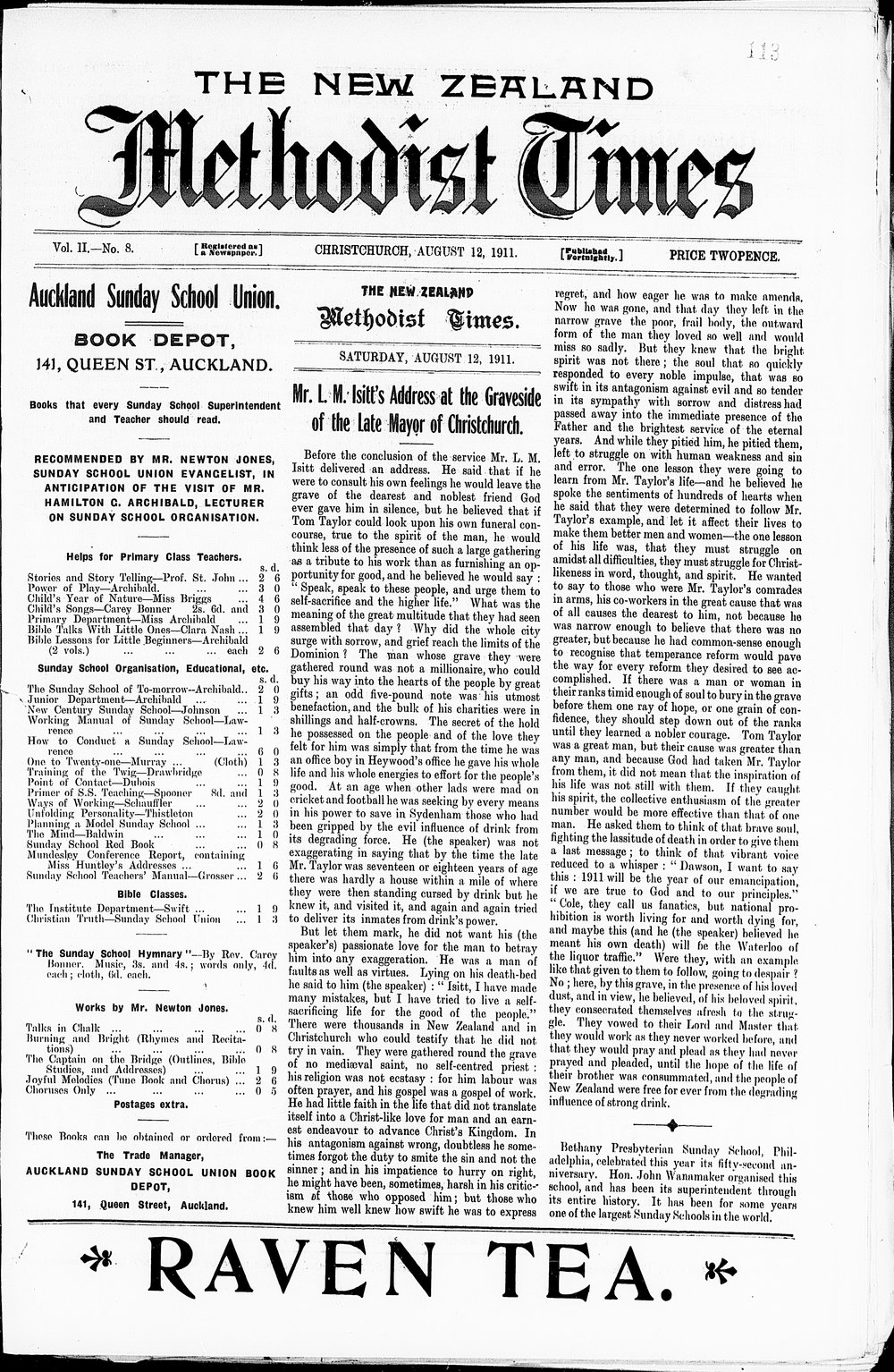 The New Zealand Methodist Times: 12th August 1911