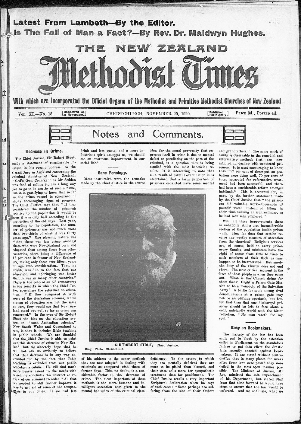 The New Zealand Methodist Times: 20th November 1920