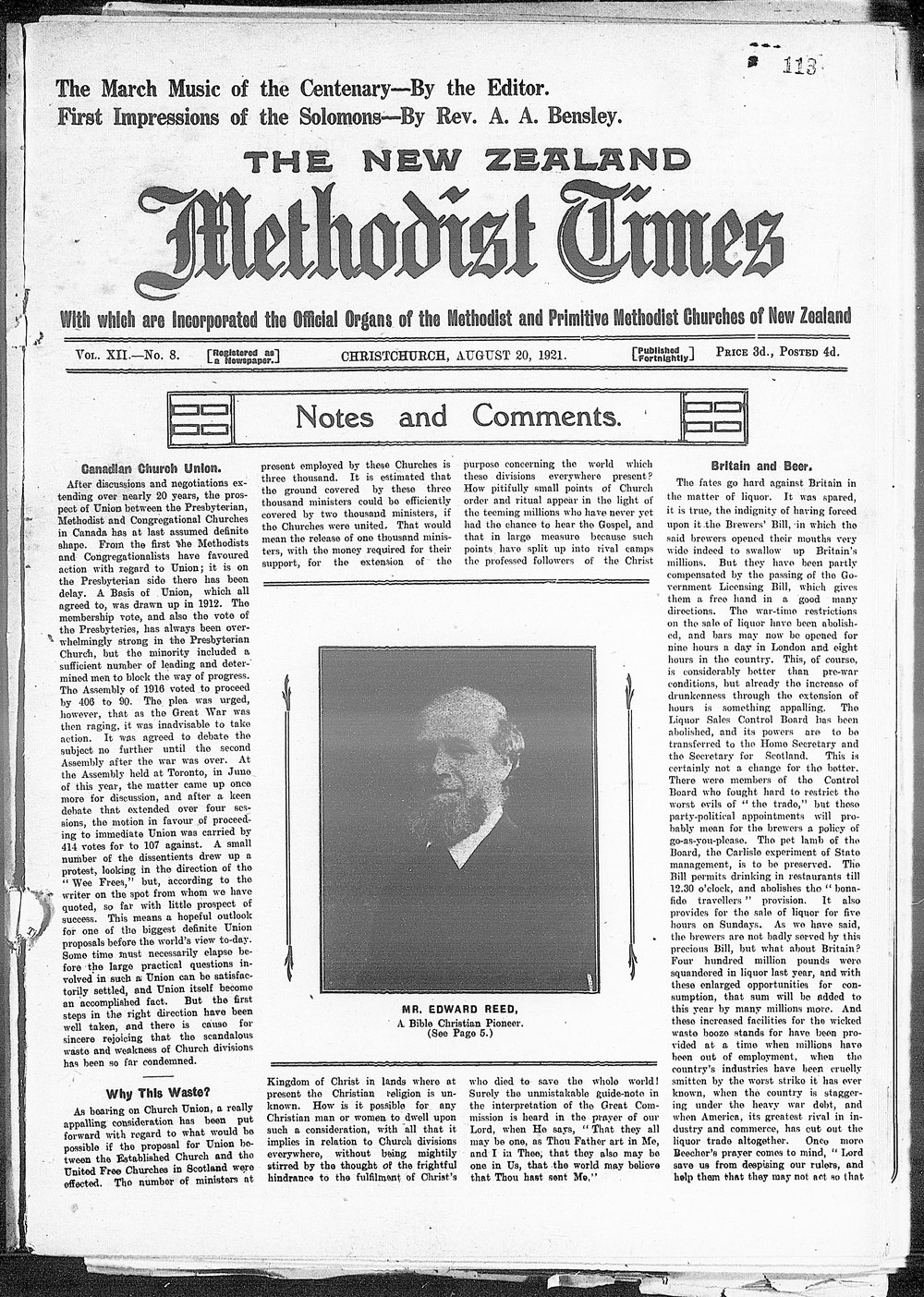 The New Zealand Methodist Times: 20th August 1921