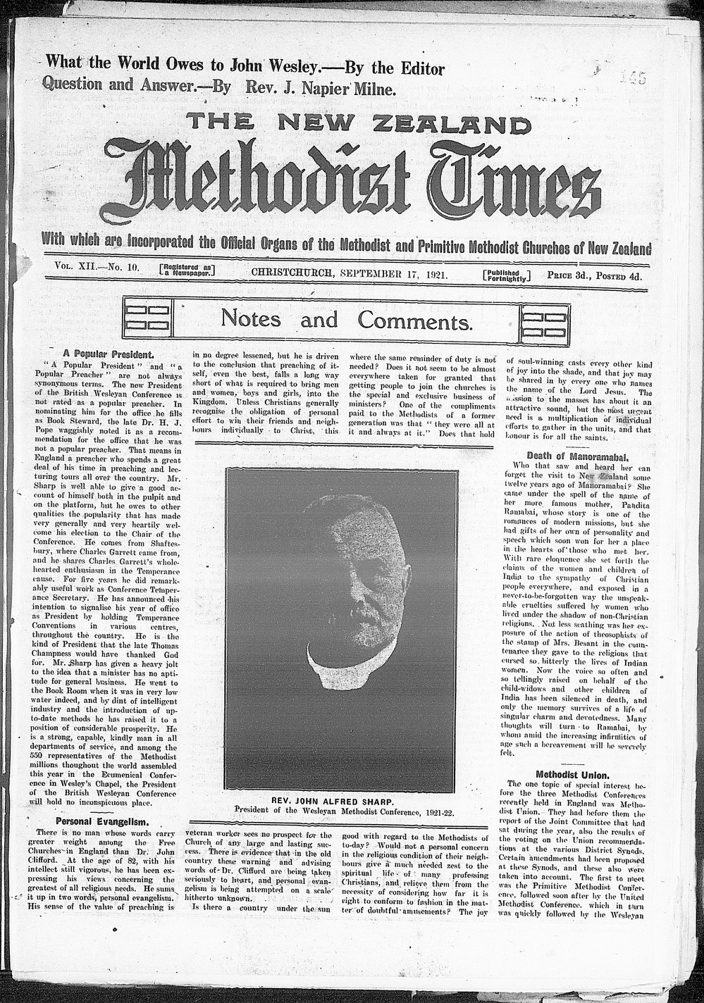 The New Zealand Methodist Times: 17th September 1921