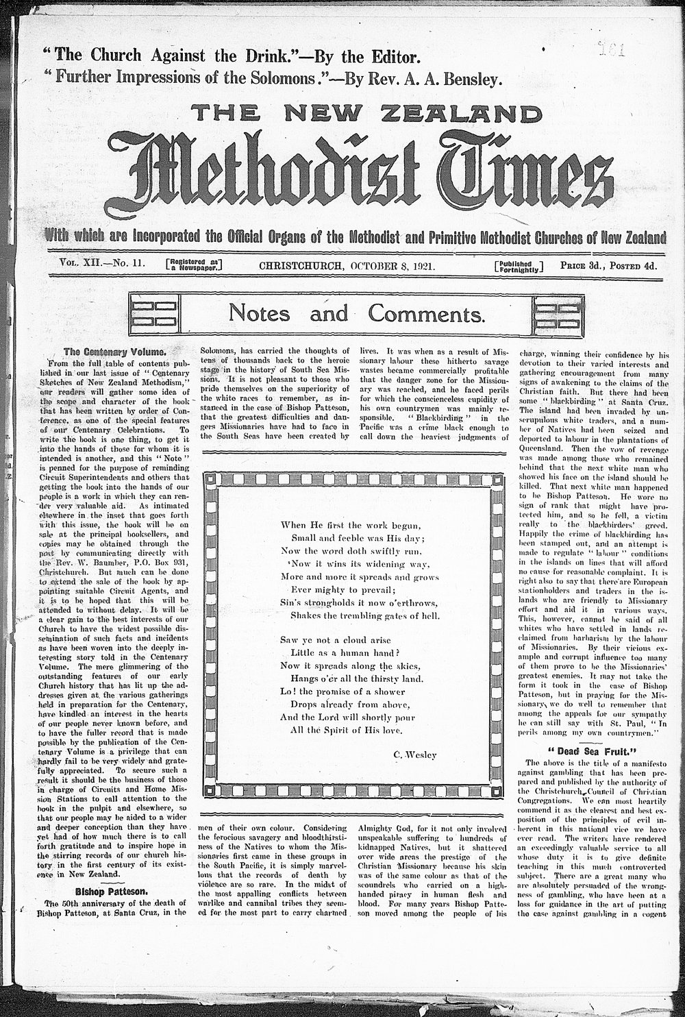 The New Zealand Methodist Times: 8th October 1921