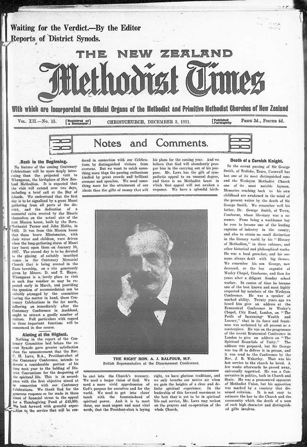The New Zealand Methodist Times: 3rd December 1921