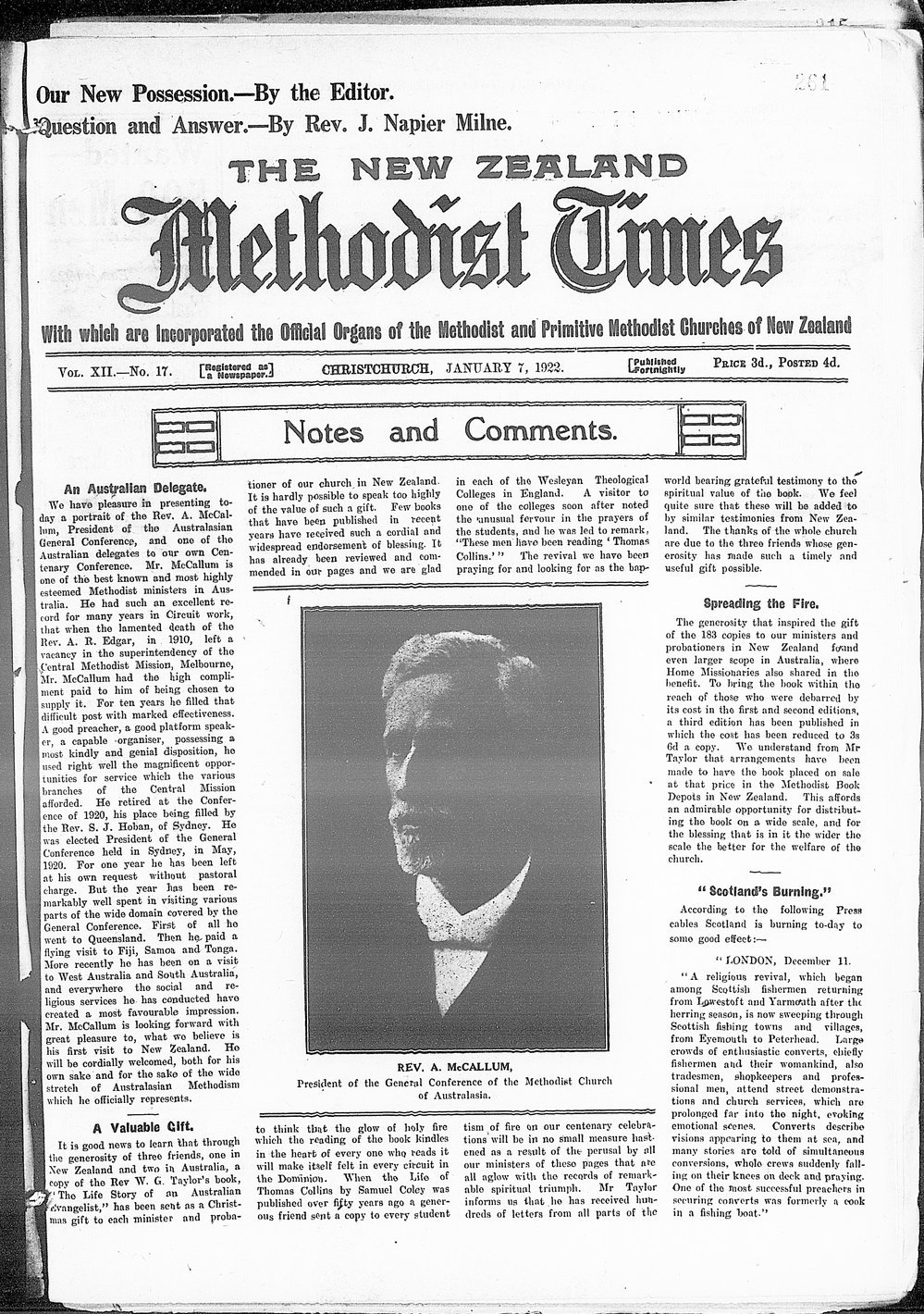 The New Zealand Methodist Times: 7th January 1922