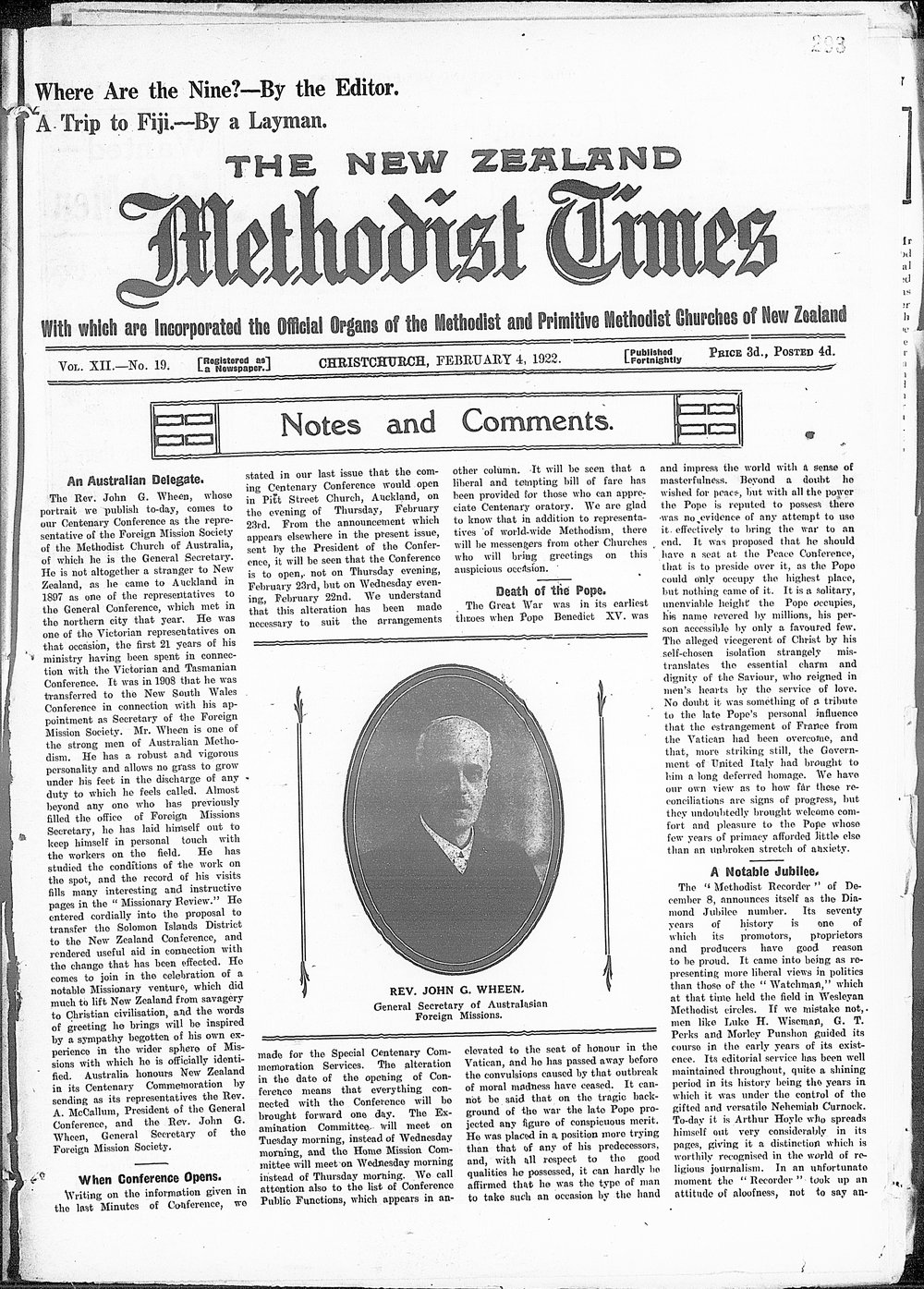 The New Zealand Methodist Times: 4th February 1922