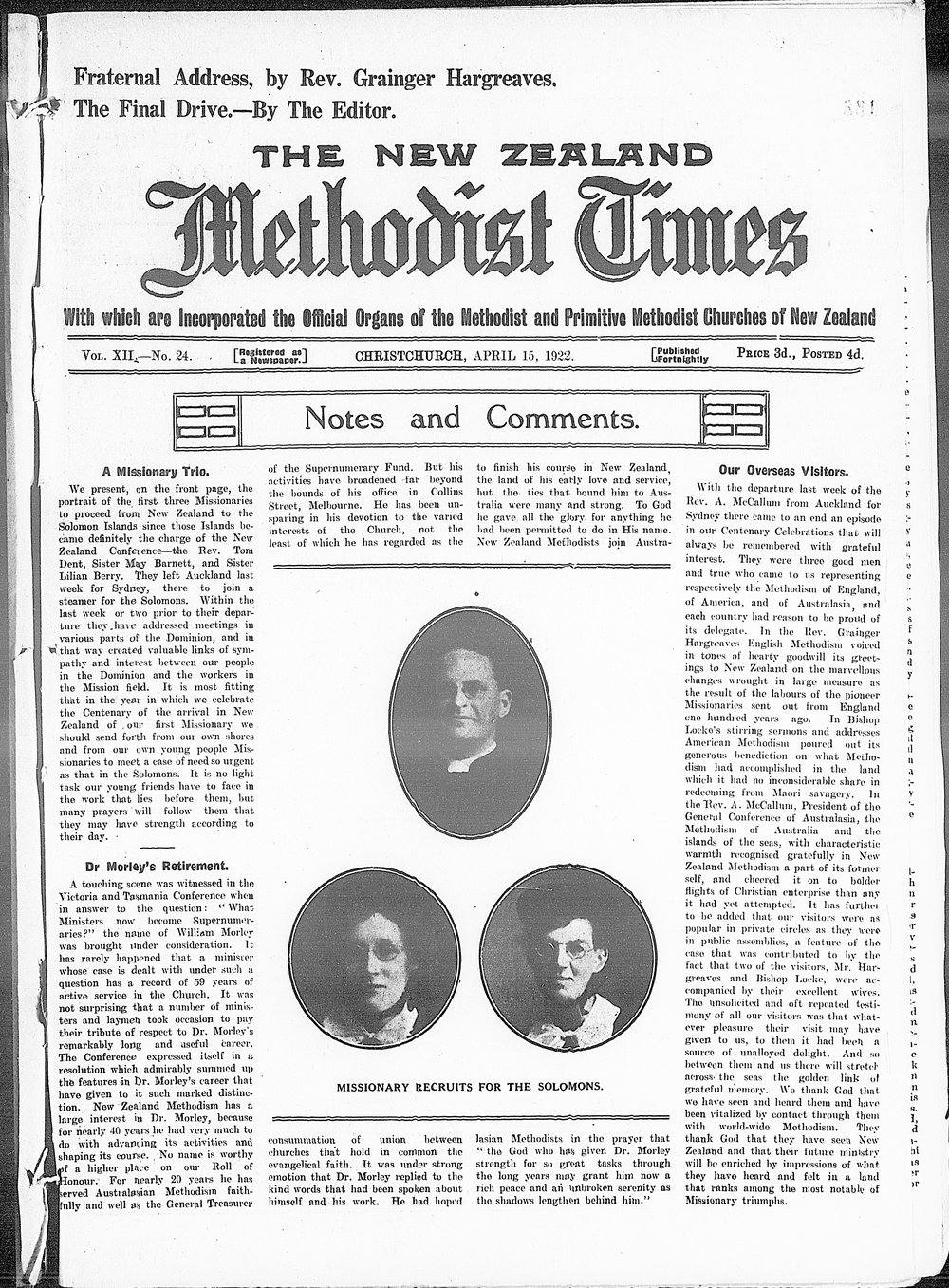 The New Zealand Methodist Times: 15th April 1922