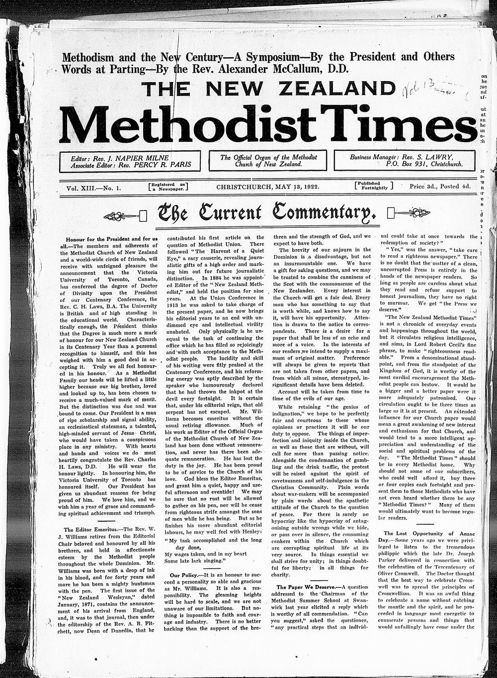 The New Zealand Methodist Times: 13th May 1922