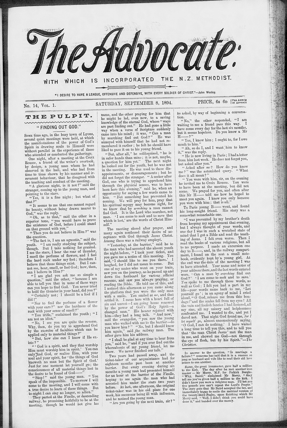 The Advocate: 8th September 1894