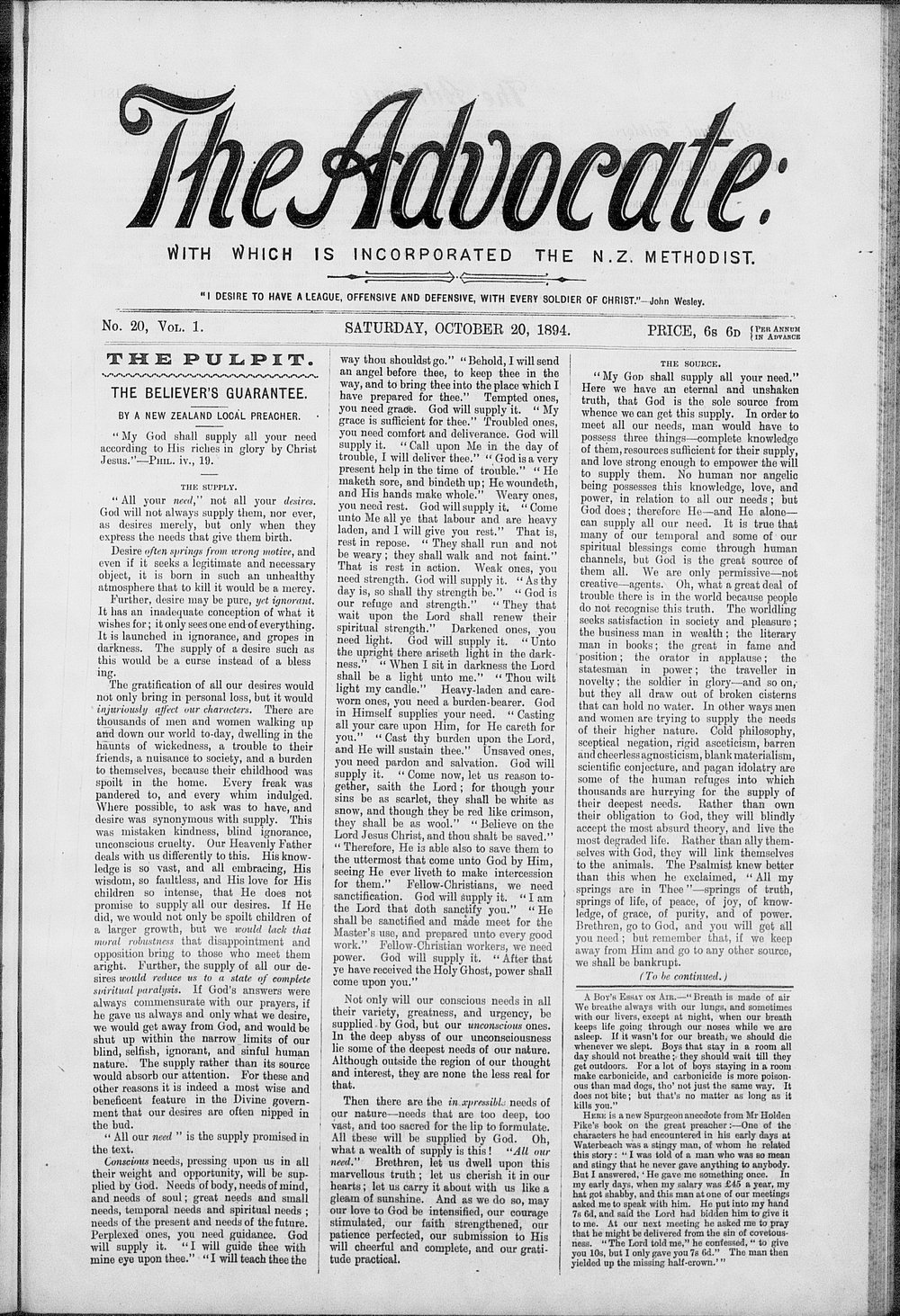 The Advocate: 20th October 1894