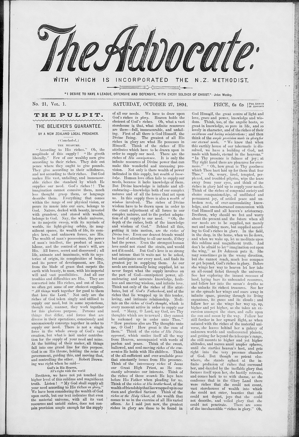 The Advocate: 27th October 1894
