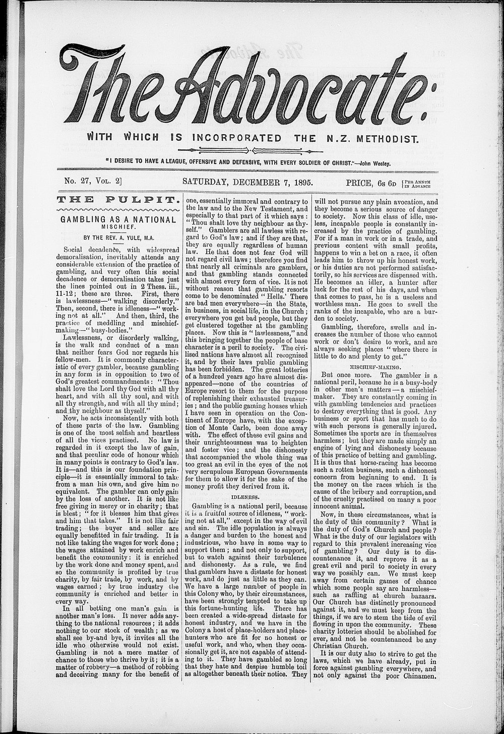 The Advocate: 7th December 1895