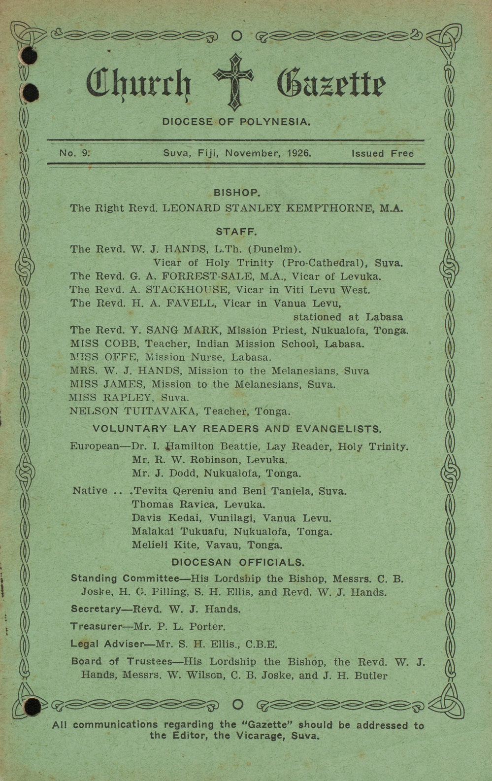 Church Gazette, Polynesia: November 1926