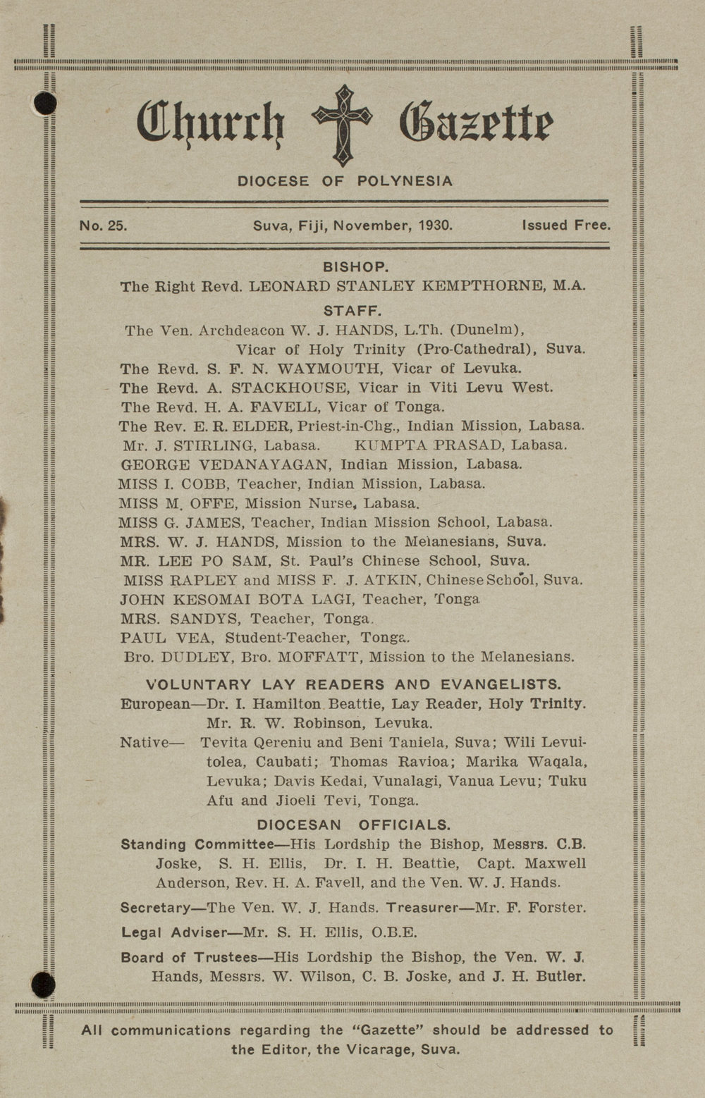 Church Gazette, Polynesia: November 1930