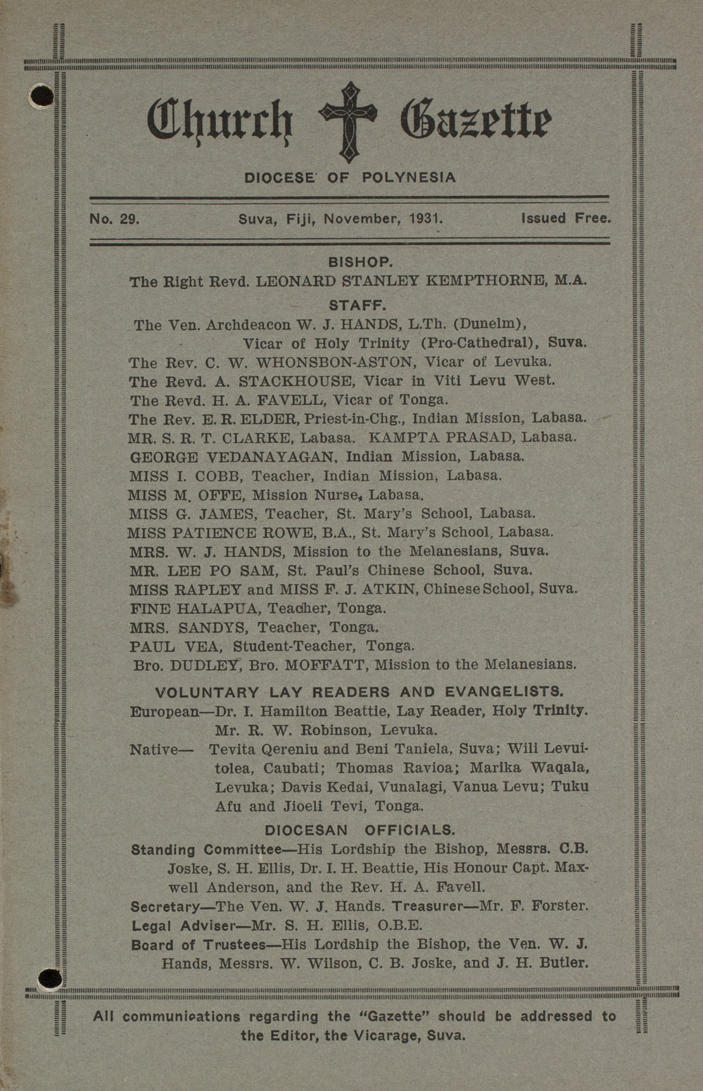 Church Gazette, Polynesia: November 1931