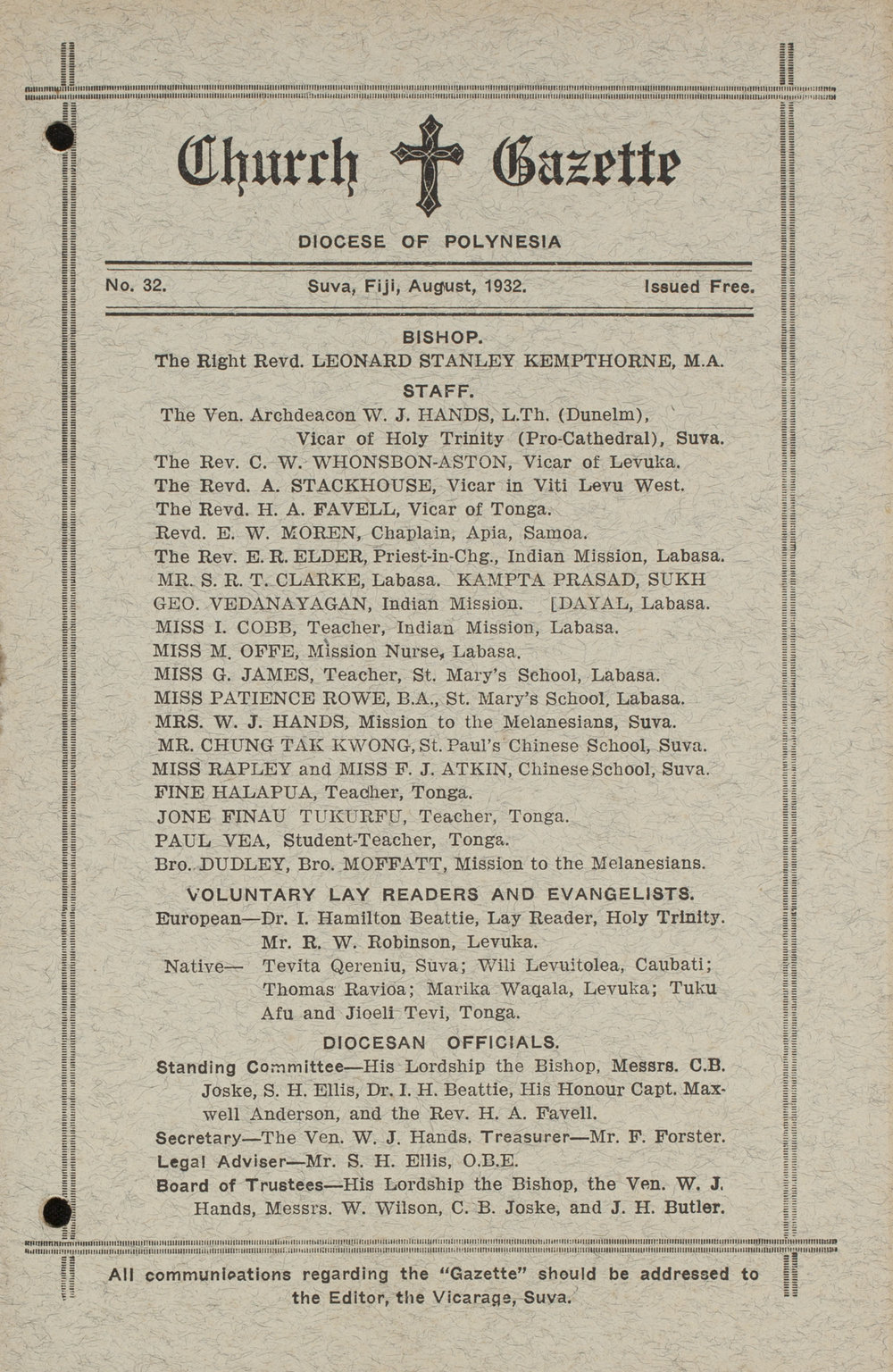 Church Gazette, Polynesia: August 1932