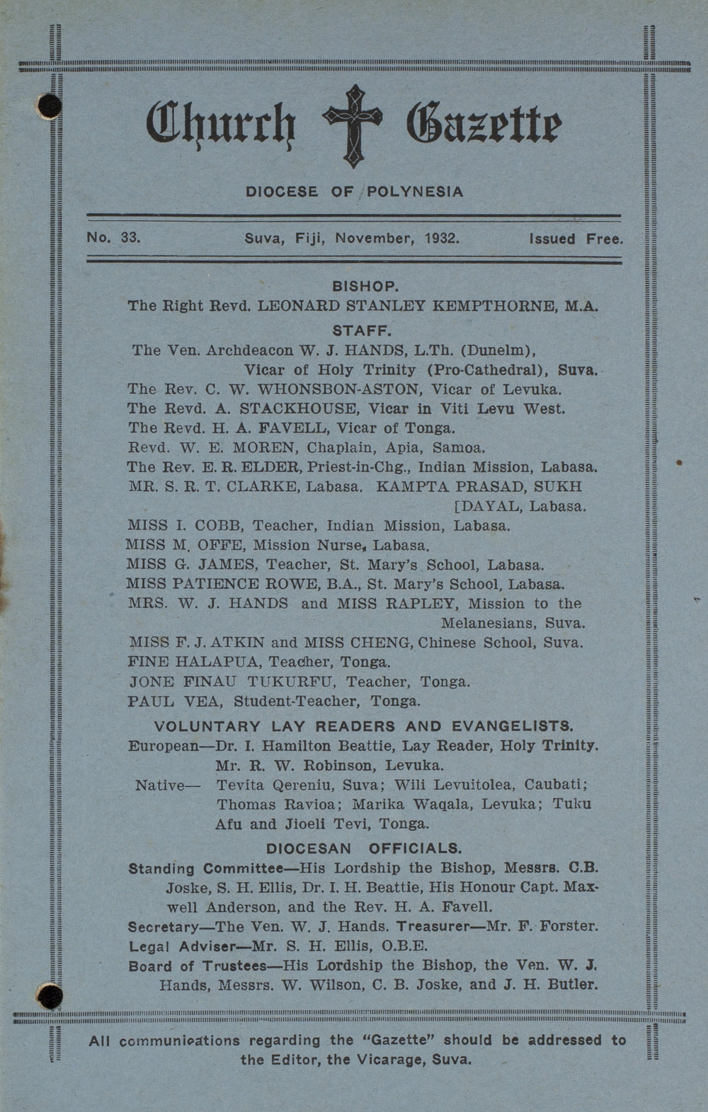Church Gazette, Polynesia: November 1932