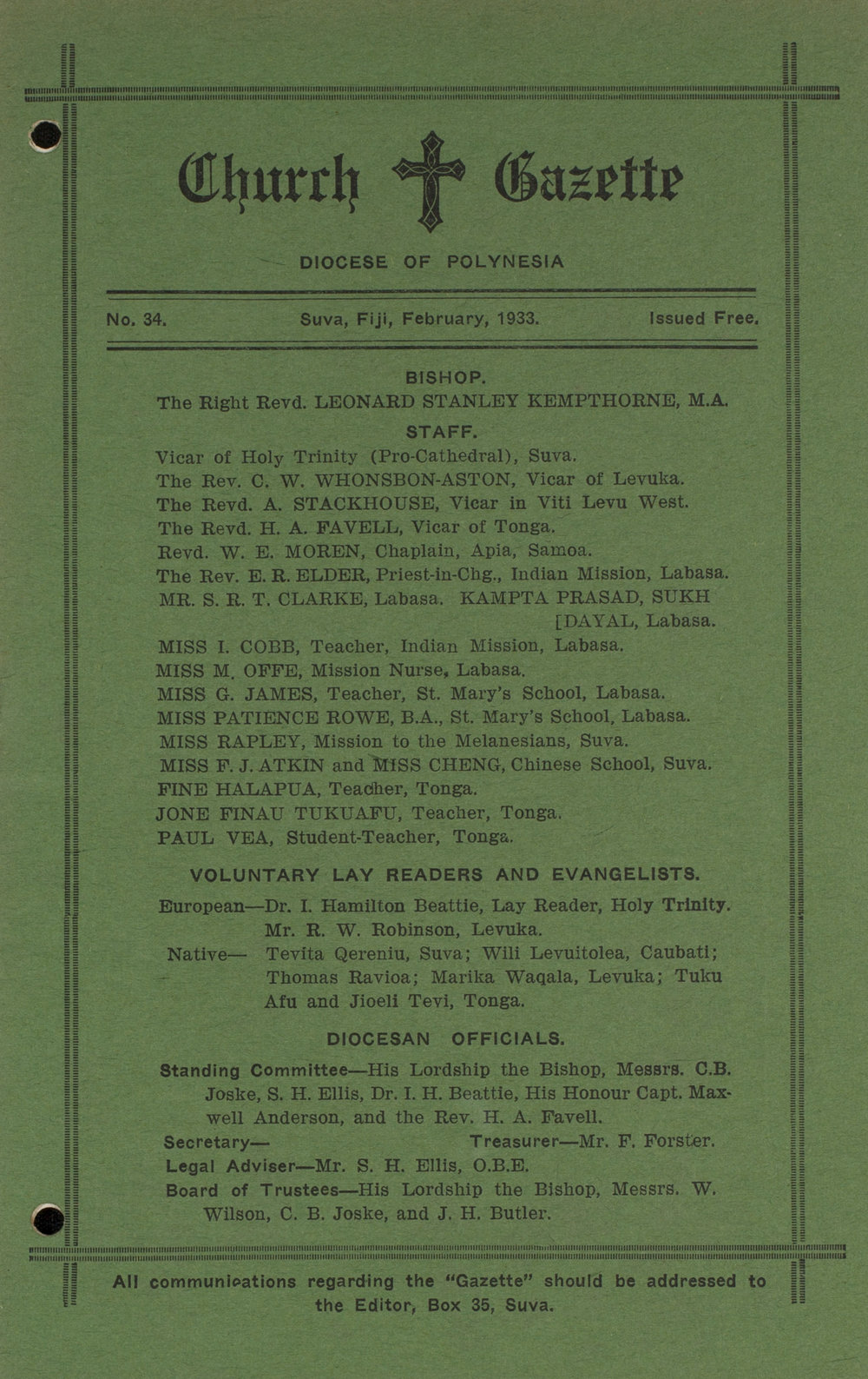 Church Gazette, Polynesia: February 1933