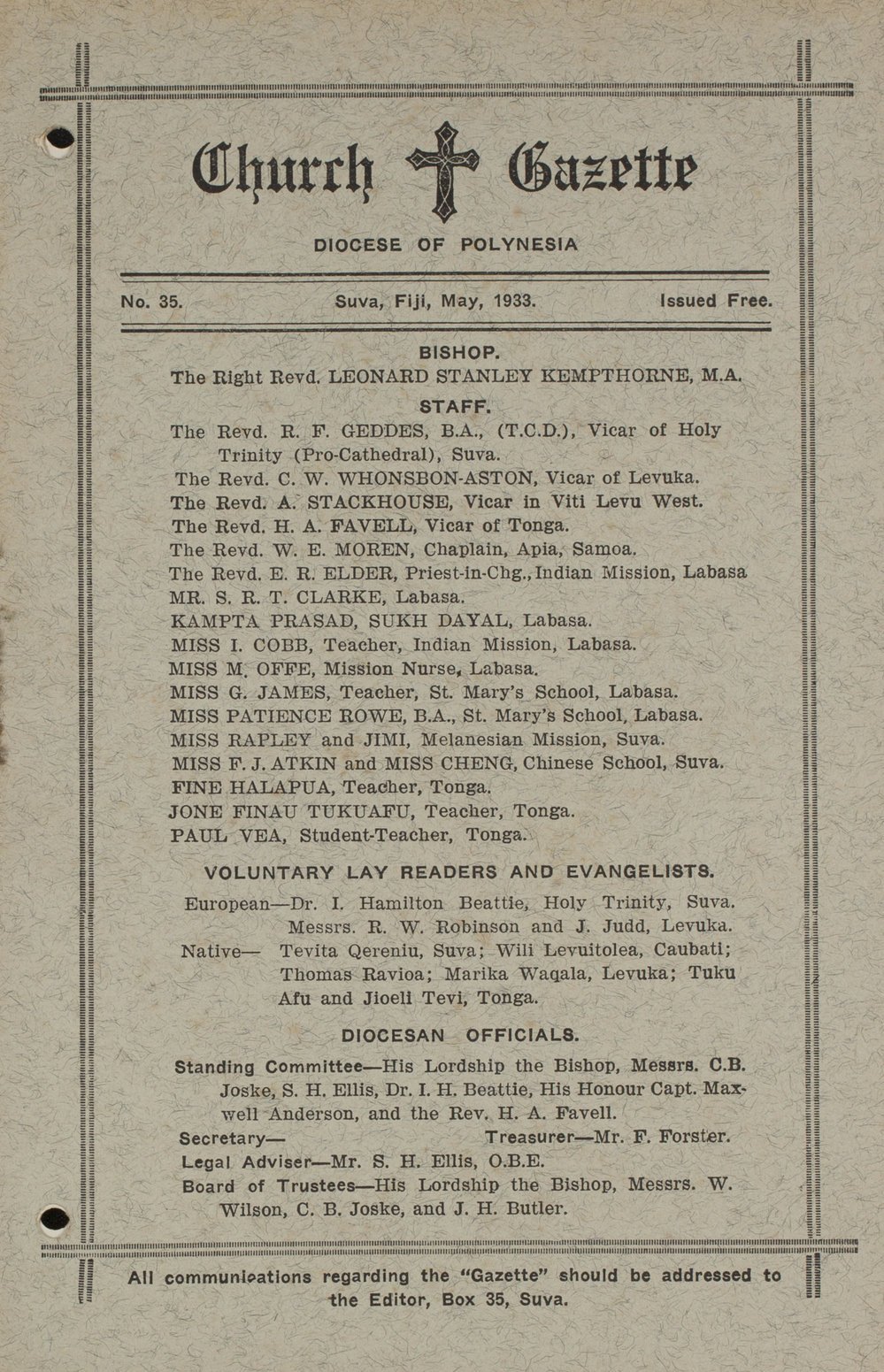 Church Gazette, Polynesia: May 1933